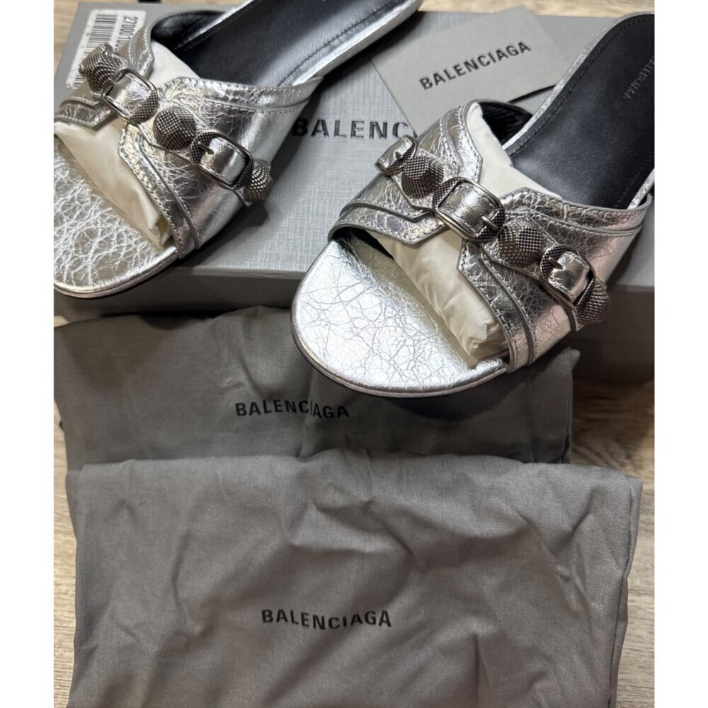 NWT Balenciaga Cagole Embellished Metallic Silver Leather Flats 6.5 US MSRP $890 - Picture 2 of 11